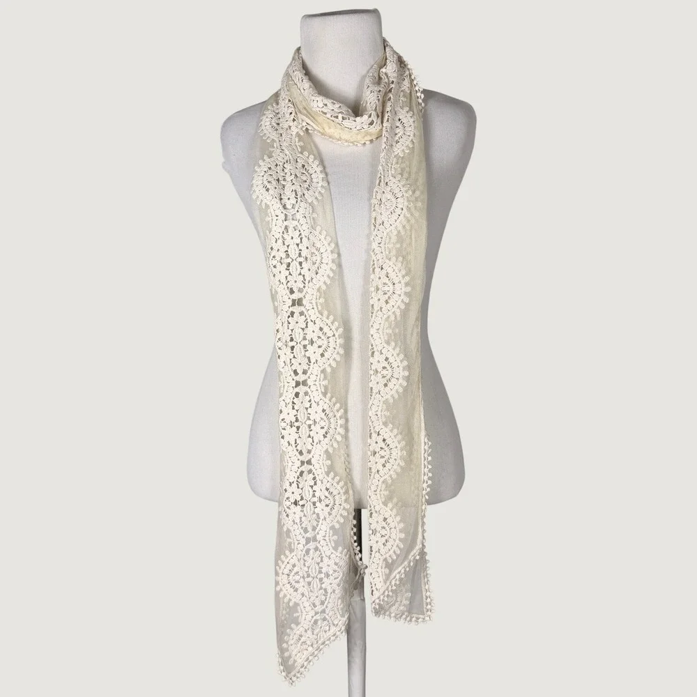 Retro Cream Floral Crochet Lace Mesh Skinny Scarf Scalloped Trim Romantic Shawl